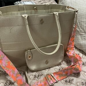 Simply Southern Metallic Cream Tote with Pink and Orange Patterned Strap